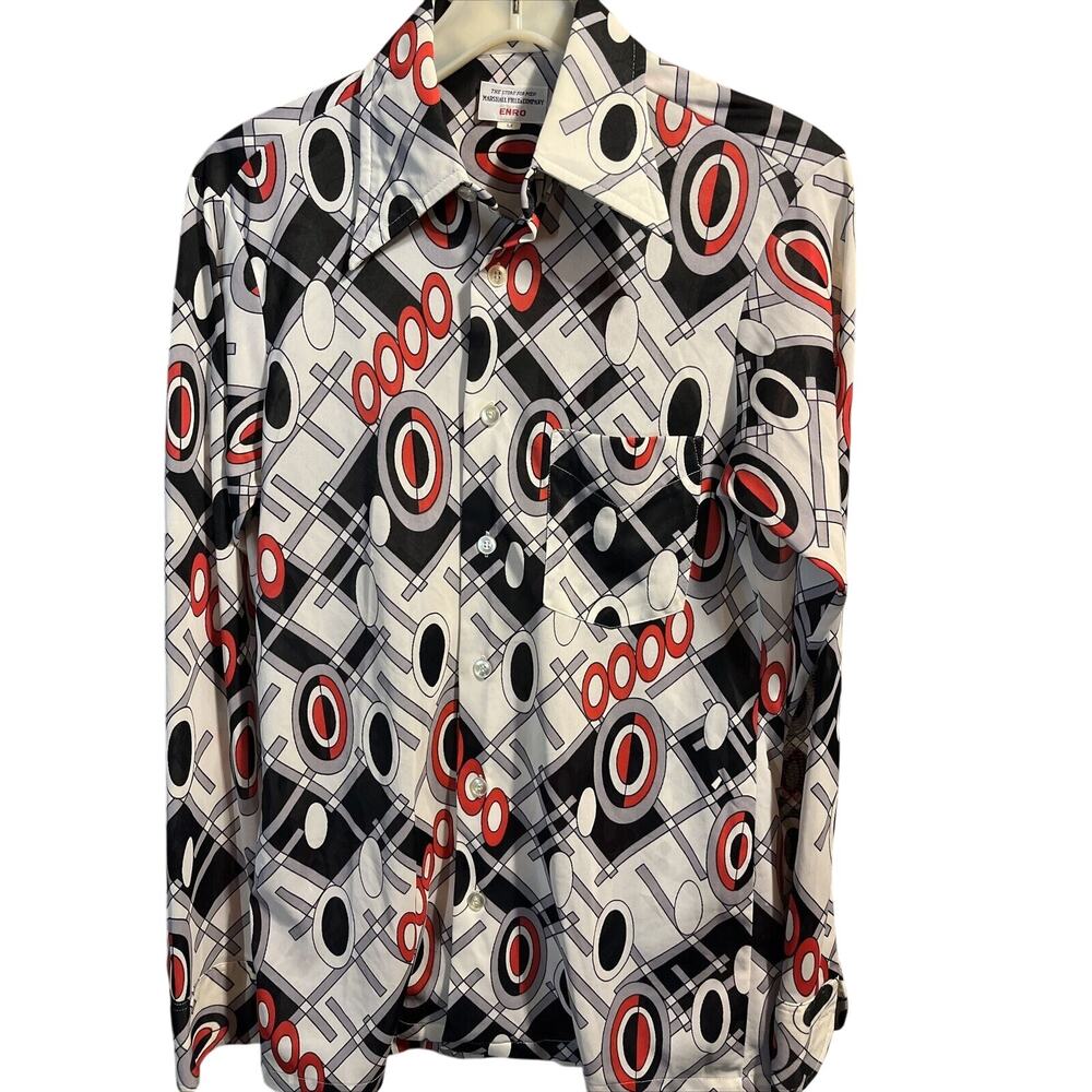 Enro Vintage Men’s M Gray Red Abstract Long Sleeve Button Down Nylon Disco Shirt